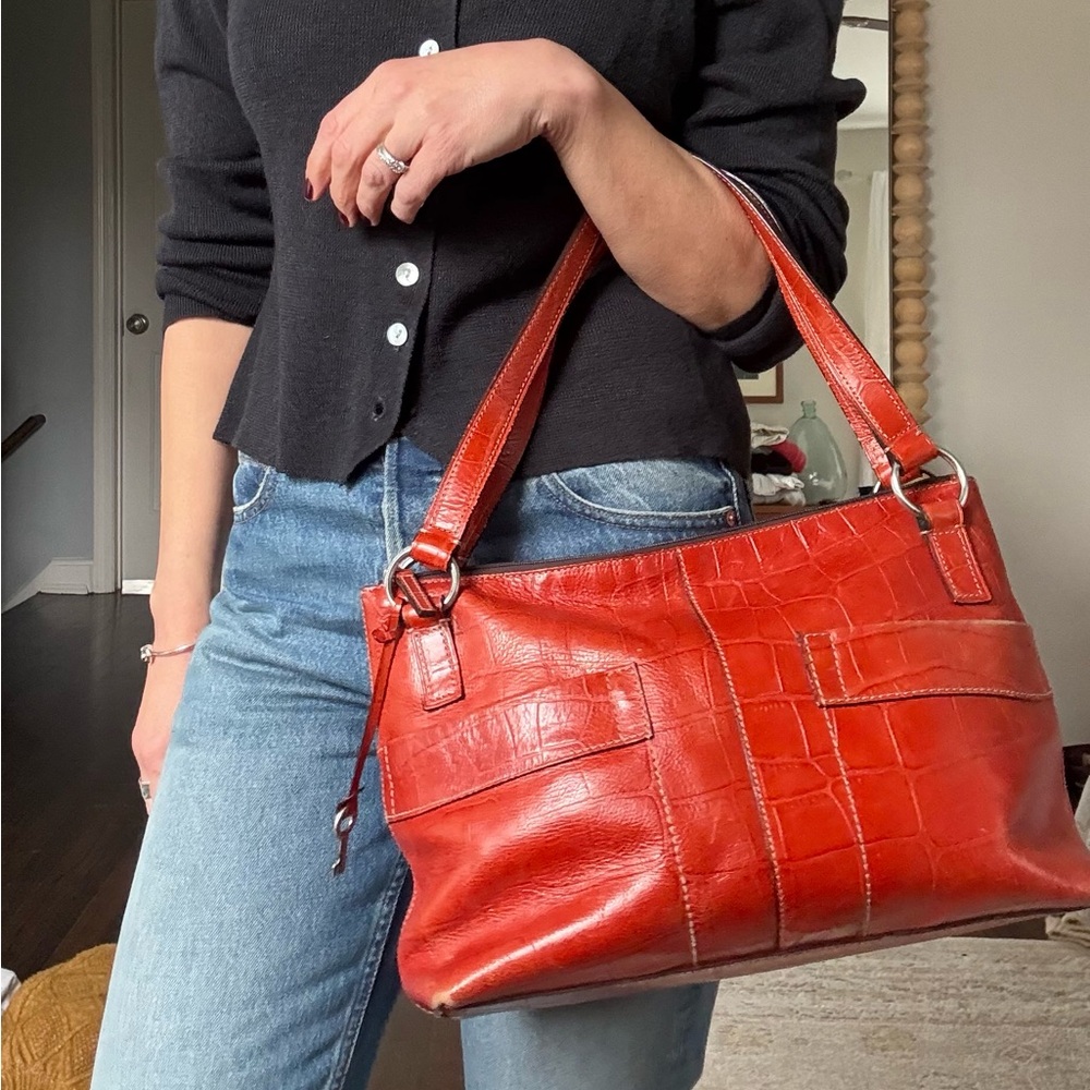 Fossil Orange Croc Leather Satchel Bag